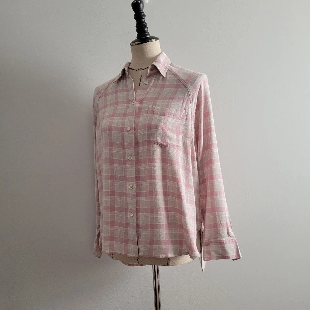 Wilfred Free Boyfriend Buttown Down Shirt in pink and cream plaid